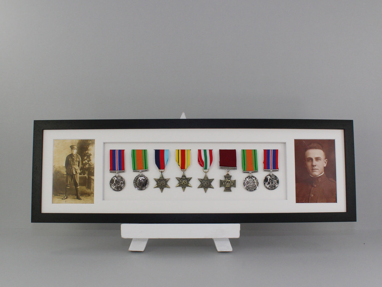 Military and Service Medal display Frame for Eight Medals and two 6x4" Photographs. 20x70cm. Handmade by Art@Home. War Medals. - PhotoFramesandMore - Wooden Picture Frames