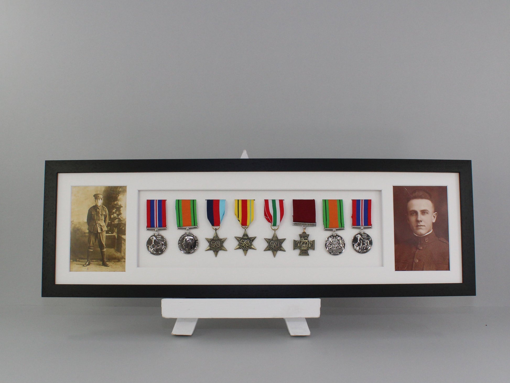 Military and Service Medal display Frame for Seven Medals and two 6x4" Photographs. 20x70cm. Handmade by Art@Home. War Medals. - PhotoFramesandMore - Wooden Picture Frames