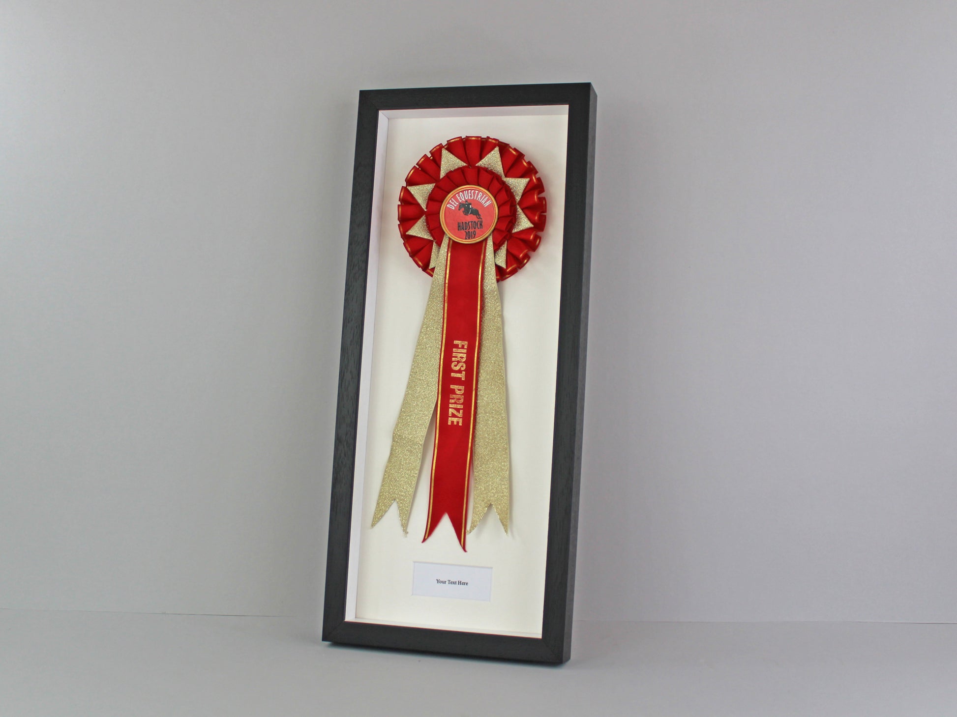 Personalised Rosette Display Frame. 20x50. Suits one Rosette with text box. - PhotoFramesandMore - Wooden Picture Frames