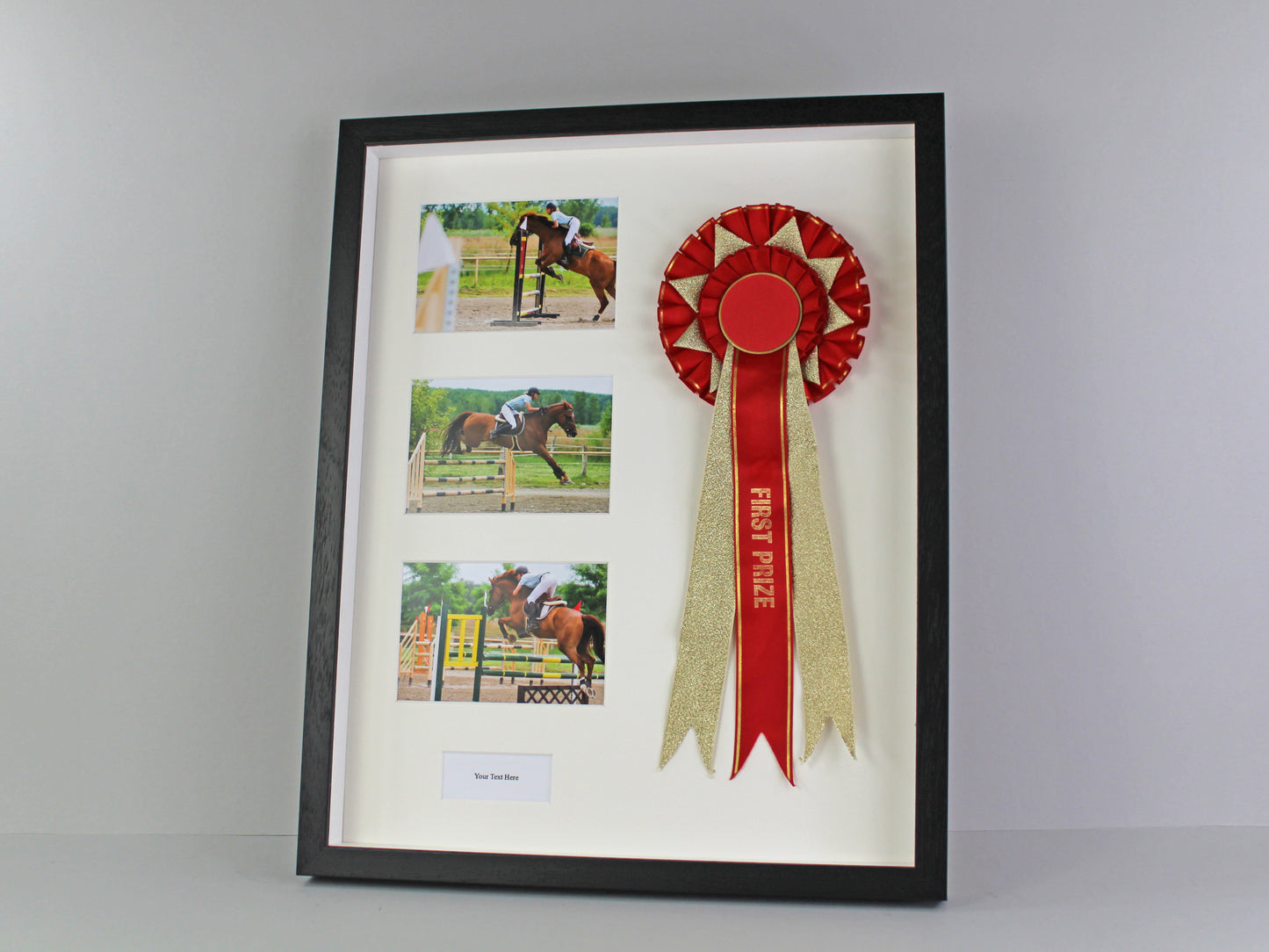Personalised Rosette Display Frame. 40x50. Suits a Rosette, Three 6x4" Photographs, with an aperture for text