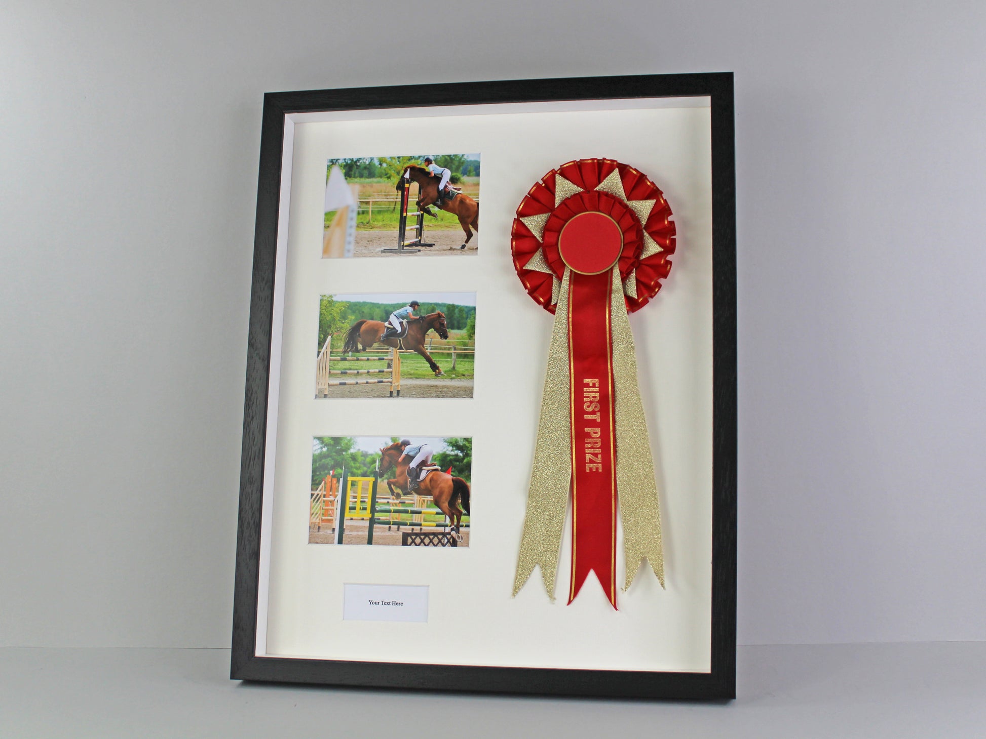 Personalised Rosette Display Frame. 40x50. Suits a Rosette, Three 6x4" Photographs, with an aperture for text - PhotoFramesandMore - Wooden Picture Frames