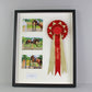 Personalised Rosette Display Frame. 40x50. Suits a Rosette, Three 6x4" Photographs, with an aperture for text - PhotoFramesandMore - Wooden Picture Frames