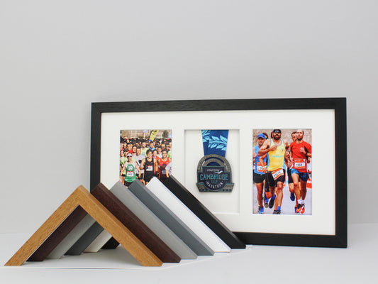 Medal Display frame for One Medal and Two 5x7" Photos. 25x50cm. - PhotoFramesandMore - Wooden Picture Frames
