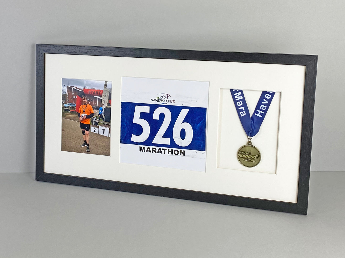 Medal display Frame with Apertures for Medal, Bib number and Photo.