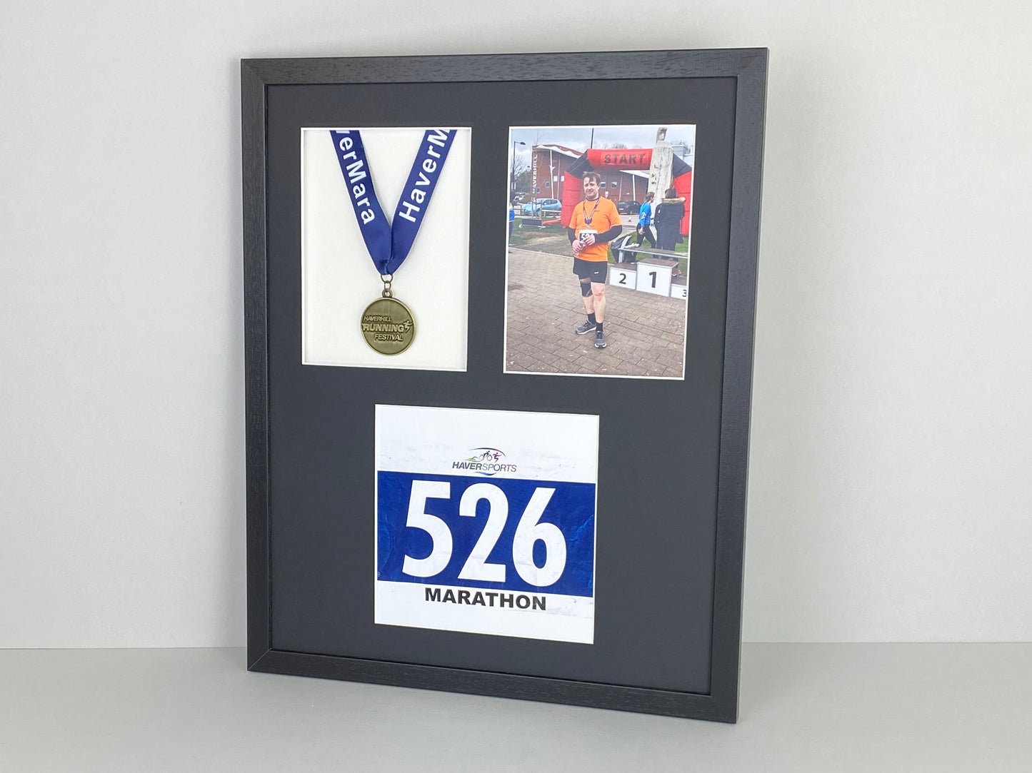 Medal display Frame with Apertures for Bib  &  Photo. 40x50cm. - PhotoFramesandMore - Wooden Picture Frames