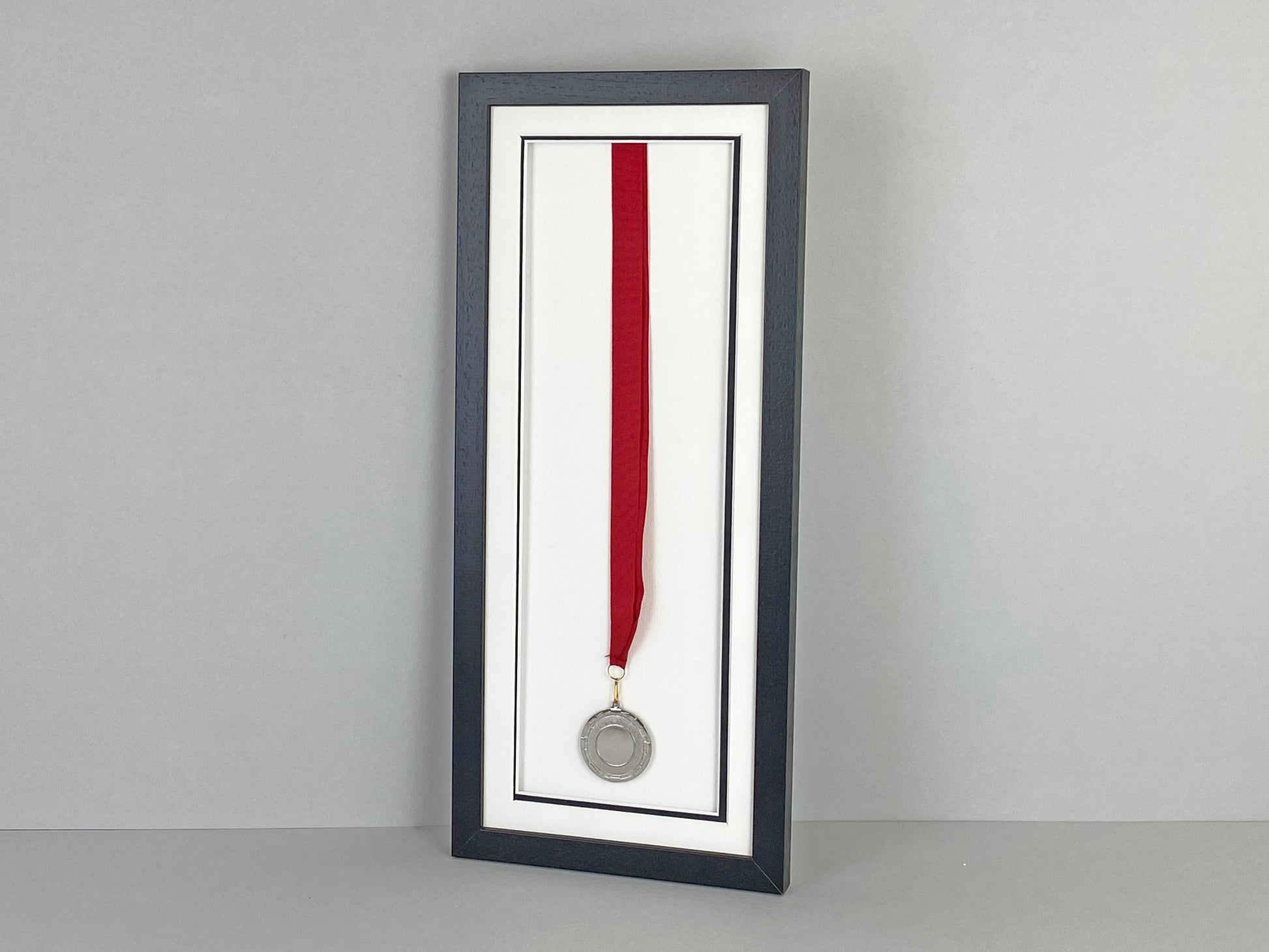 Medal display Frame. For one medal, with full ribbon on show. 20x50cm. - PhotoFramesandMore - Wooden Picture Frames