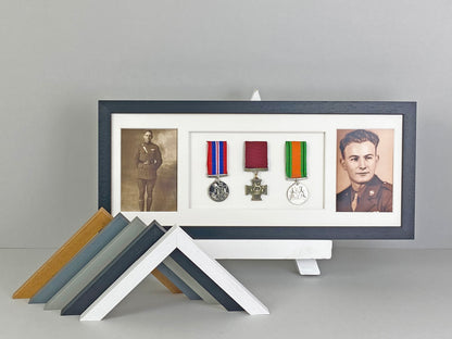 Military and Service Medal display Frame for Three Medals and two 6x4" Photographs. 20x50cm.
