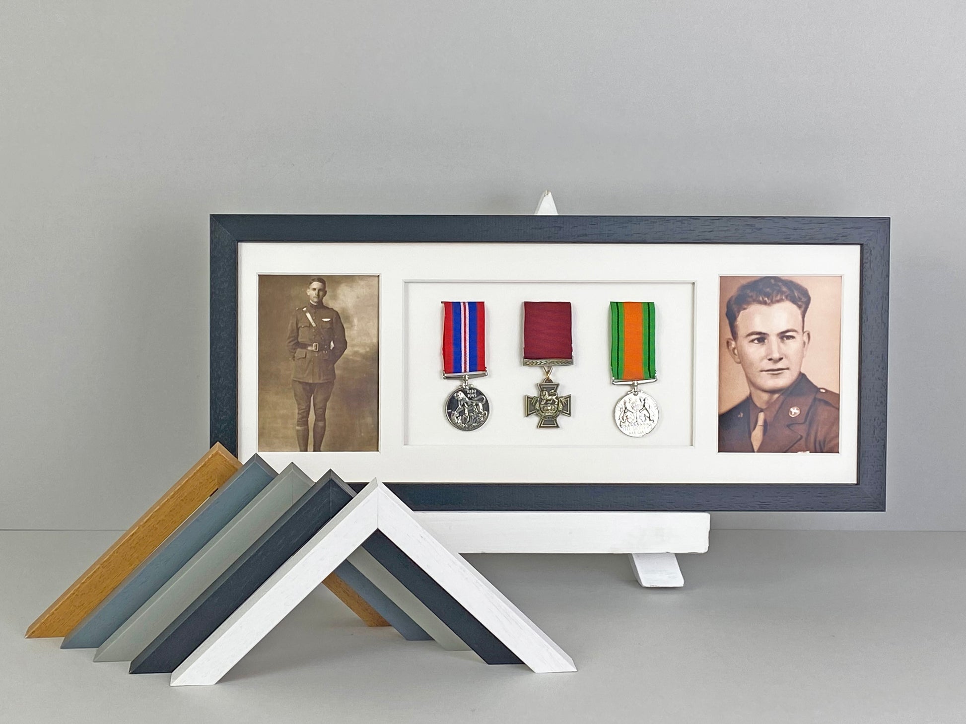 Military and Service Medal display Frame for Three Medals and two 6x4" Photographs. 20x50cm. - PhotoFramesandMore - Wooden Picture Frames