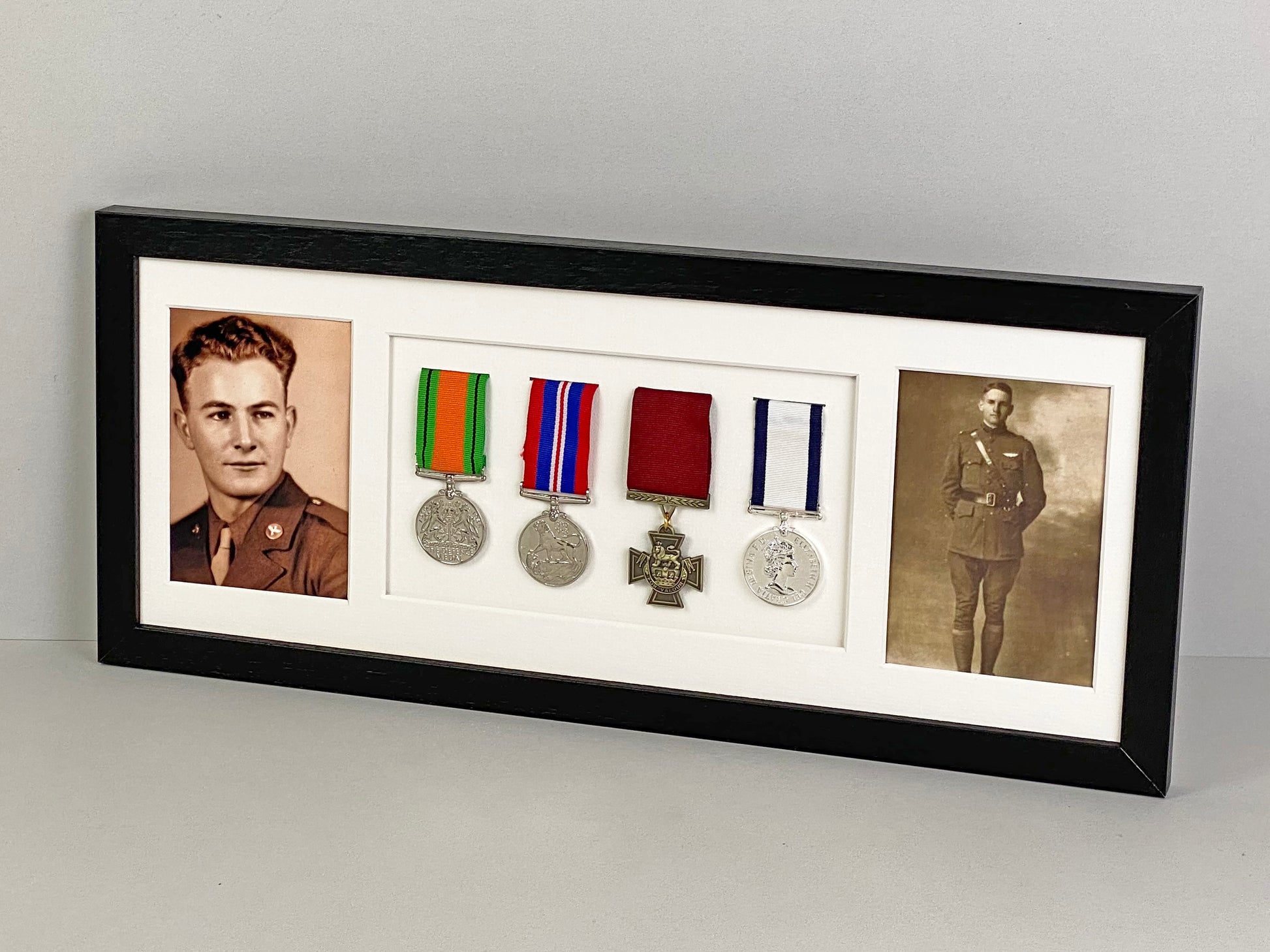 Military and Service Medal display Frame for Four Medals and Two 6x4" Photographs. 20x50cm. - PhotoFramesandMore - Wooden Picture Frames