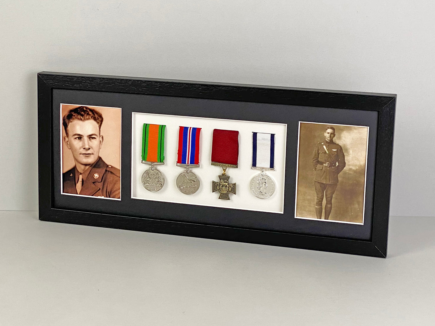 Military and Service Medal display Frame for Four Medals and Two 6x4" Photographs. 20x50cm.