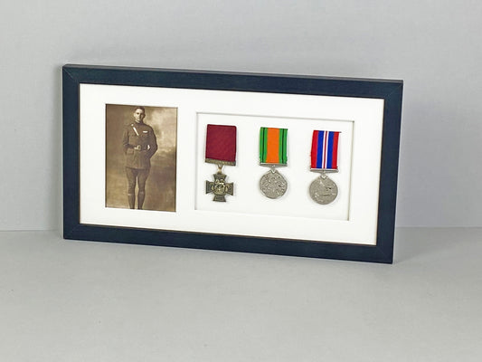 Military and Service Medal display Frame for Three Medals and a 6x4" Photograph. 20x40cm.