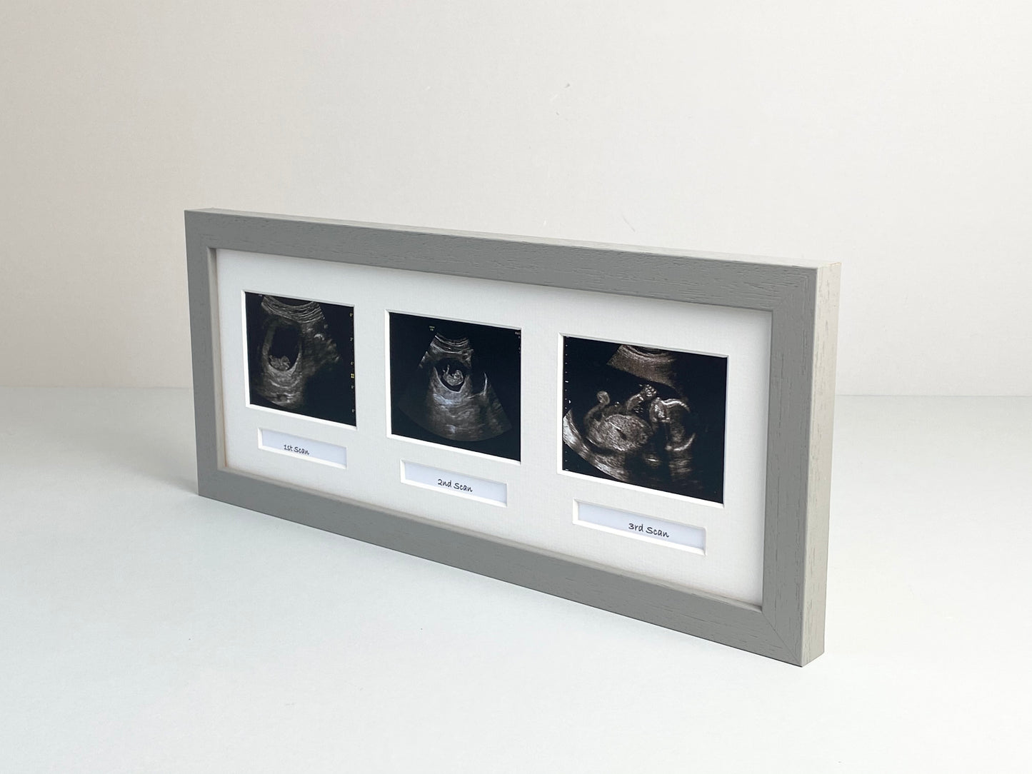 Landscape Baby Scan frame. Suits three Scans and three Text Boxes. Optional Personalisation - PhotoFramesandMore - Wooden Picture Frames