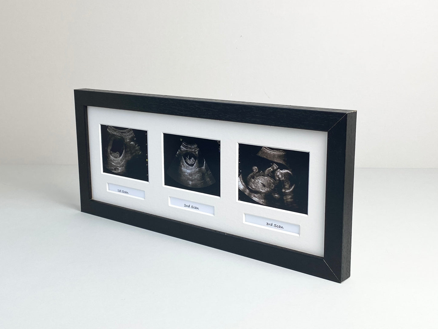 Landscape Baby Scan frame. Suits three Scans and three Text Boxes. Optional Personalisation - PhotoFramesandMore - Wooden Picture Frames