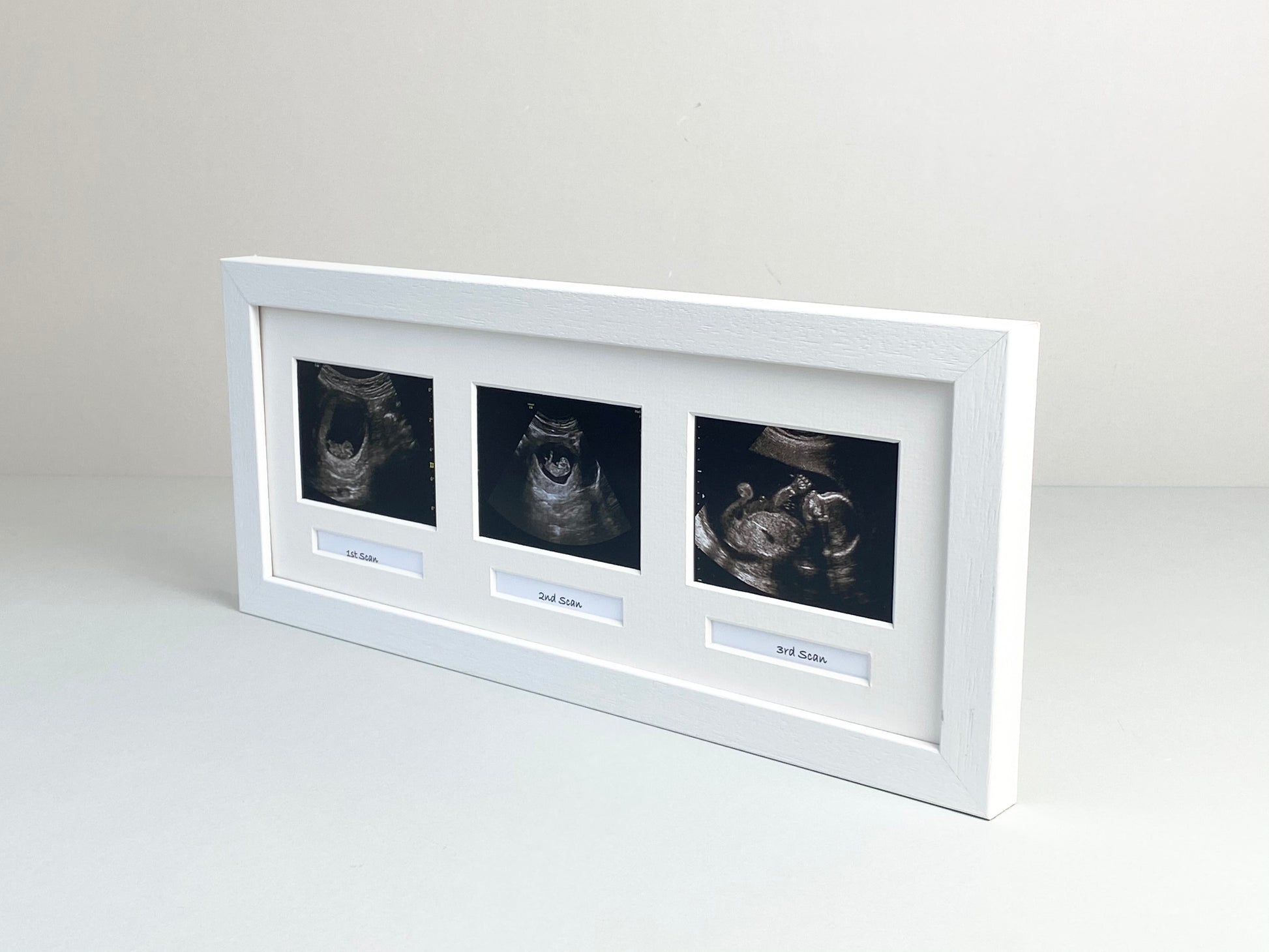 Landscape Baby Scan frame. Suits three Scans and three Text Boxes. Optional Personalisation - PhotoFramesandMore - Wooden Picture Frames