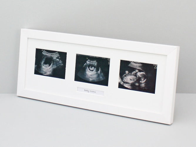 Landscape Baby Scan Frame for Three Scans and one Text Box. Optional Personalisation. - PhotoFramesandMore - Wooden Picture Frames