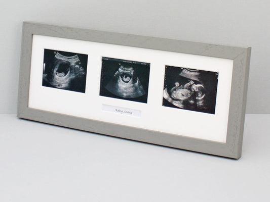 Pale Grey Frame with three sonogram sized apertures for Baby Scans, with text box. Landscape.