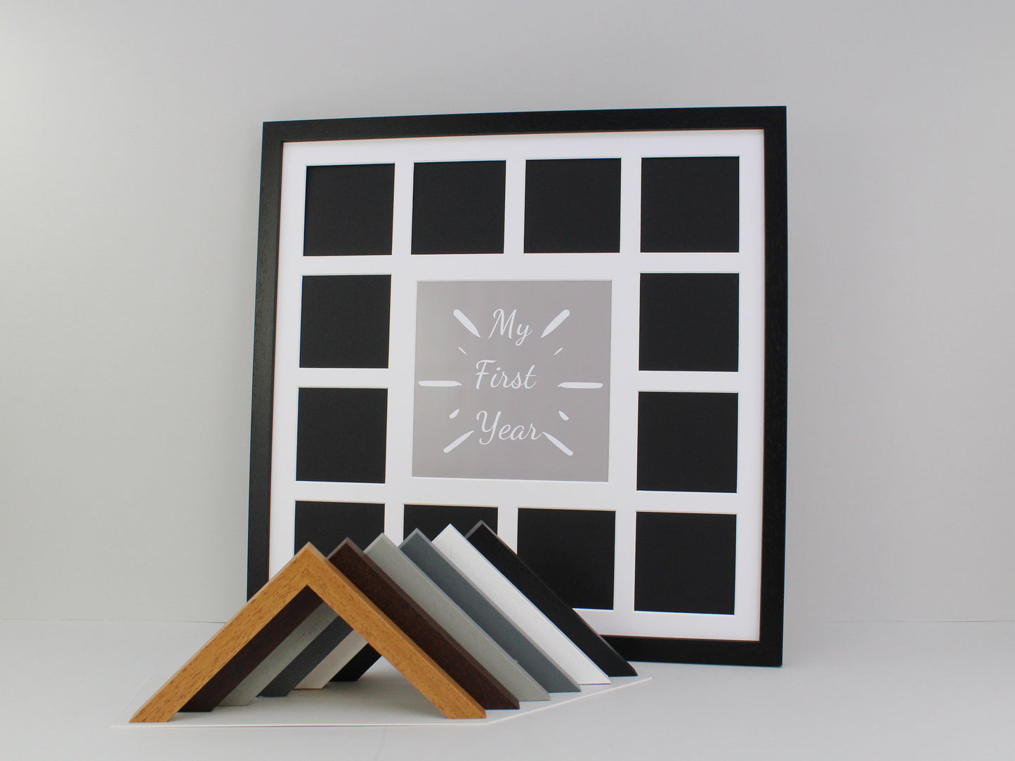 Baby's First Year Photo Frame - Multi Aperture Frame. 50x50cm Frame with one large aperture and twelve smaller apertures, one for each month!