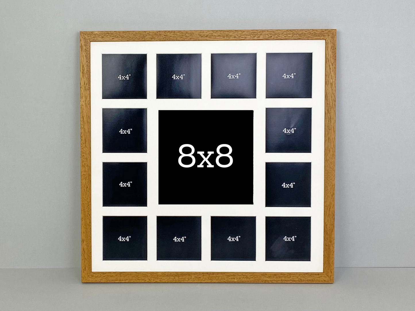 Suits One 8x8" Photo and Twelve 4x4" photos. 50x50cm. Wooden Multi Aperture Photo Frame.