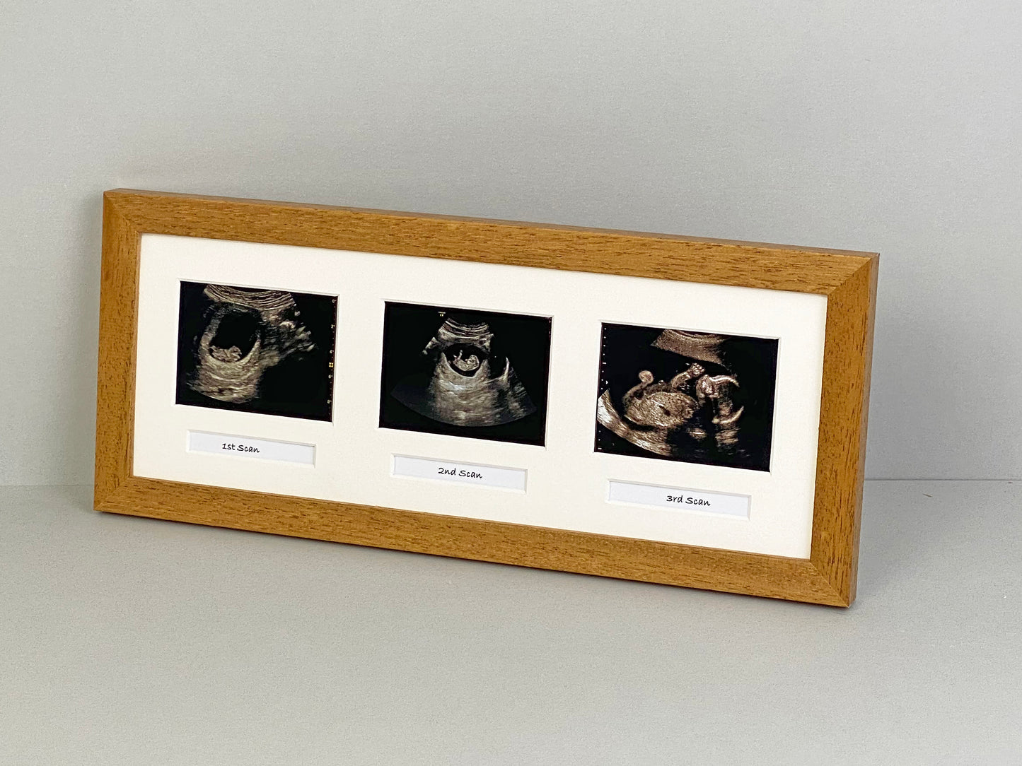 Landscape Baby Scan frame. Suits three Scans and three Text Boxes. Optional Personalisation - PhotoFramesandMore - Wooden Picture Frames