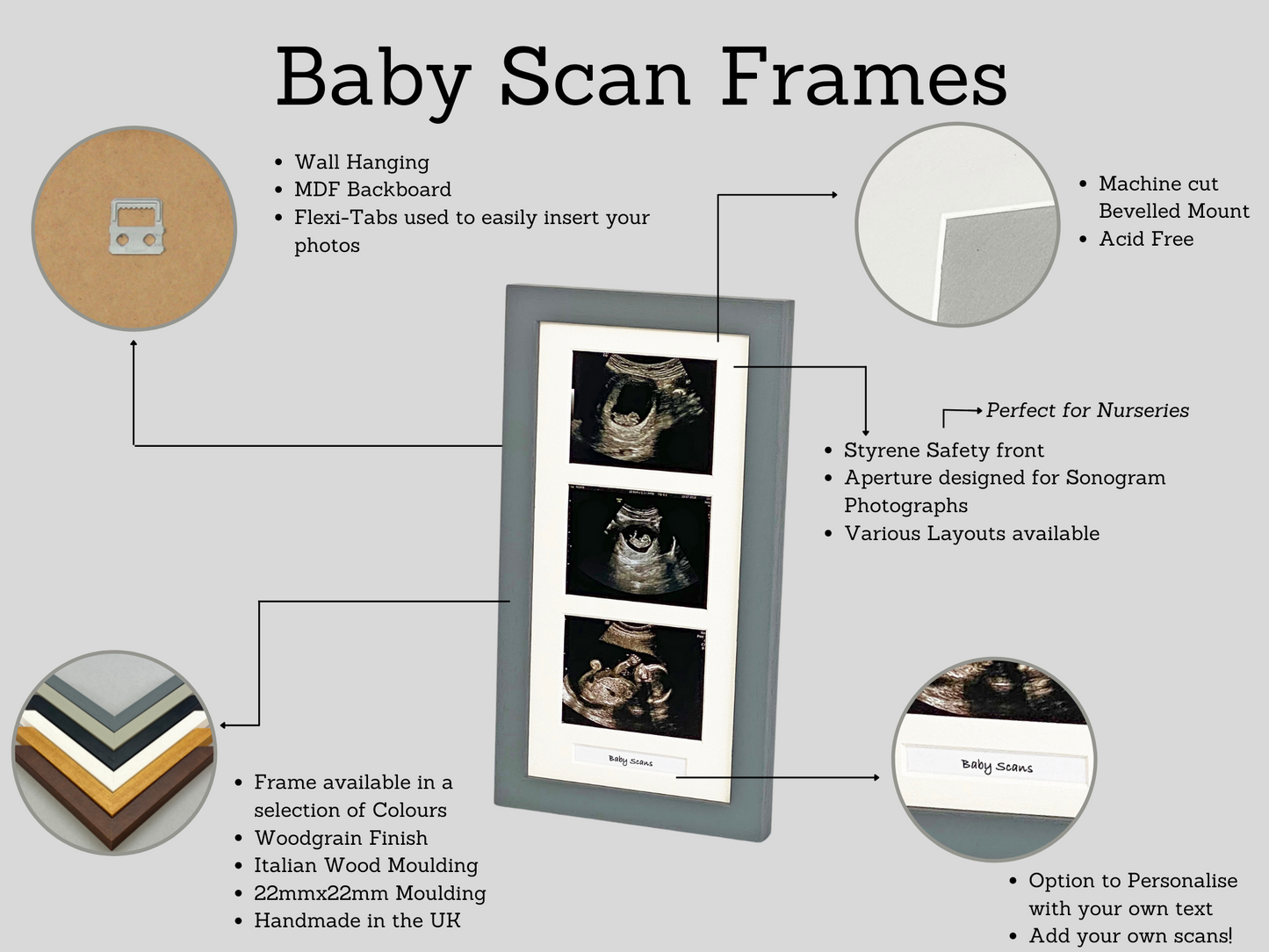 Baby Scan Frame - Portrait Multi Aperture Frame for four scans and text.