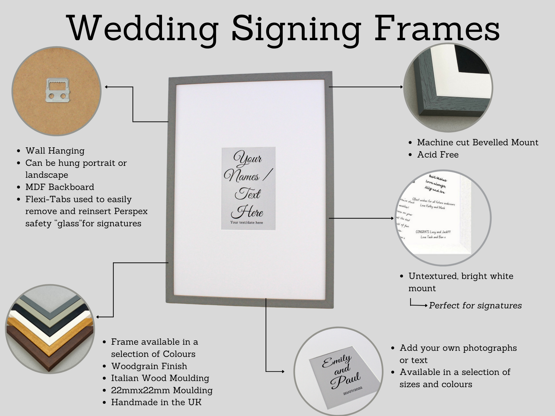 Wedding Signing Frames. 50x50cm. With 8x8inch Aperture for personalised Name/Quote or for a Photo. Wedding Guestbook. - PhotoFramesandMore - Wooden Picture Frames