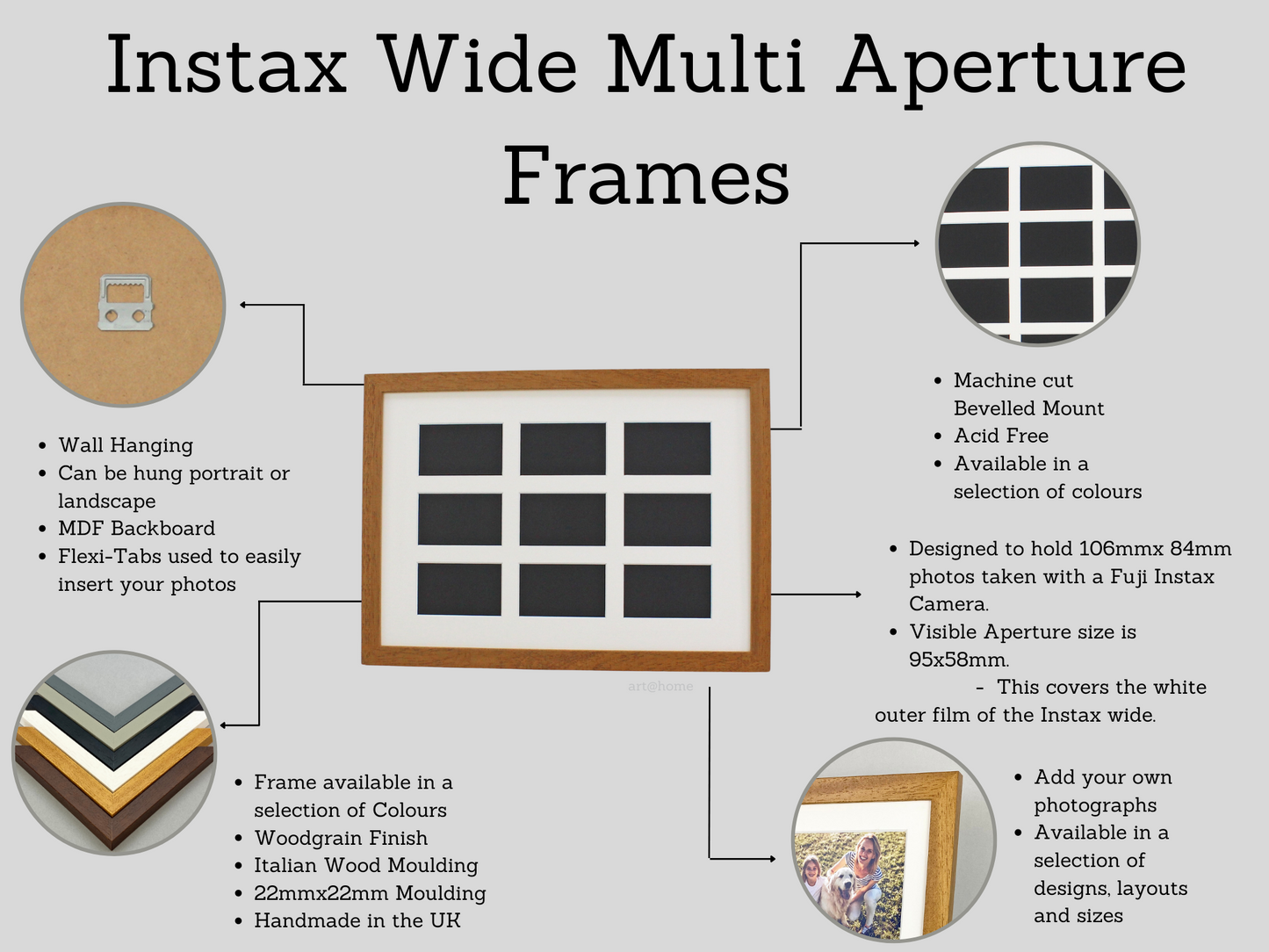 Instax Wide. Suits Four Instax wide sized Photos, Visual aperture 9.5x5.8cm. 15x50cm.Wooden Multi Aperture Frame. Portrait or Landscape.