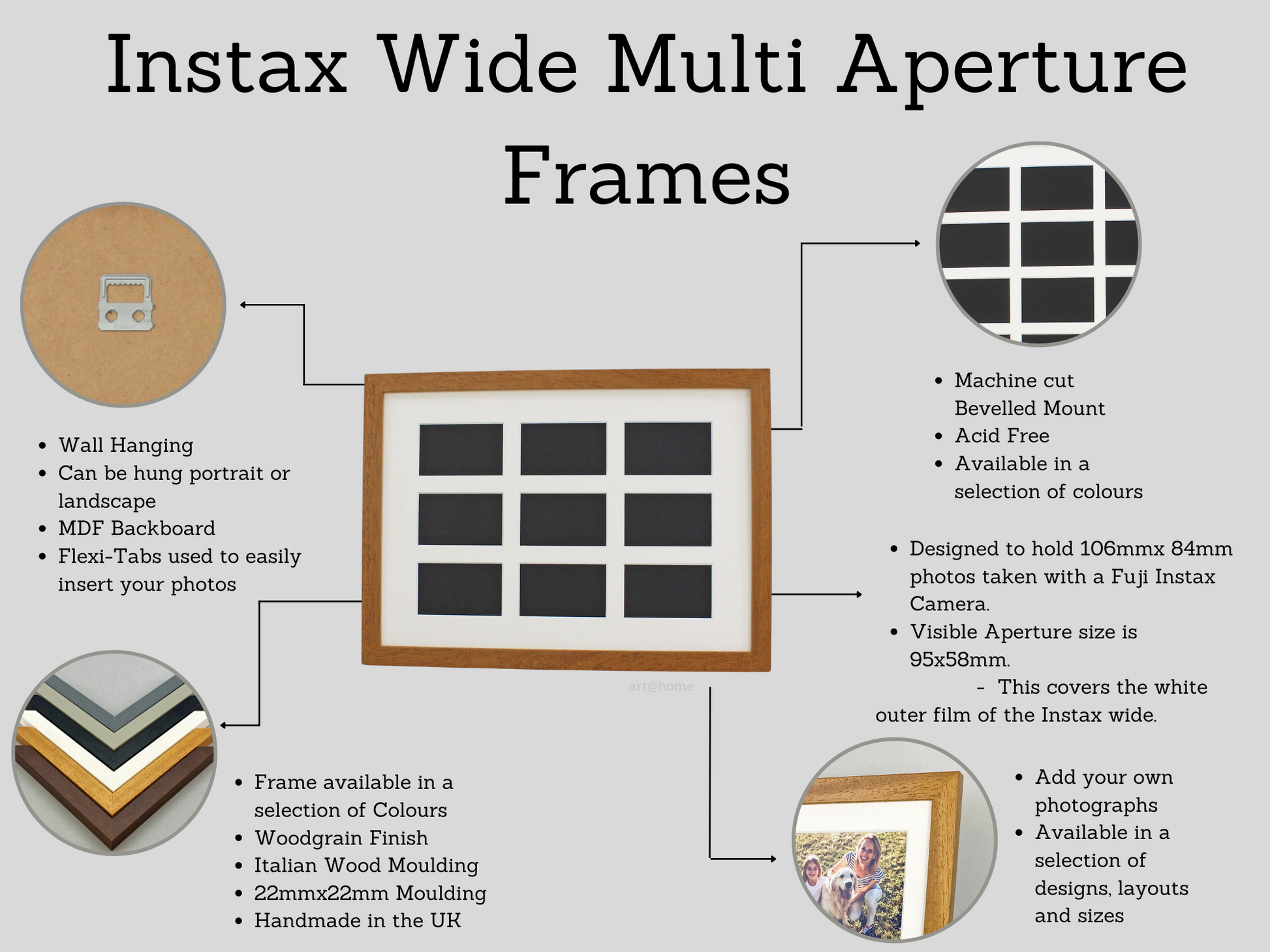 Instax Wide. Suits Twenty-five Instax wide sized Photos, Visual aperture 9.5x5.8cm. A2 Wooden Multi Aperture Frame. Portrait or Landscape. - PhotoFramesandMore - Wooden Picture Frames